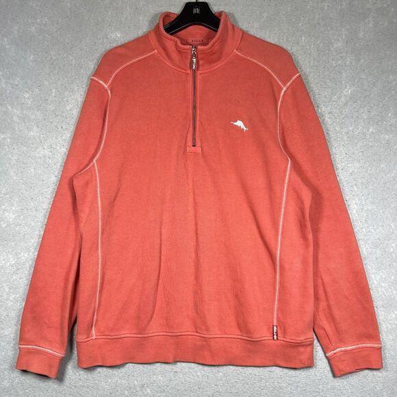 Tommy Bahama Sweater Mens Large Orange Relax Tight Knit Mock Neck Quarter Zip - Picture 1 of 13